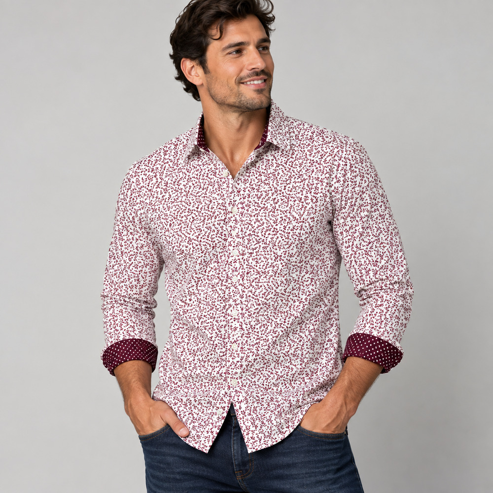 Denim & Flower Ricky Singh Men’s XL White Burgundy Floral Print Button Up Shirt